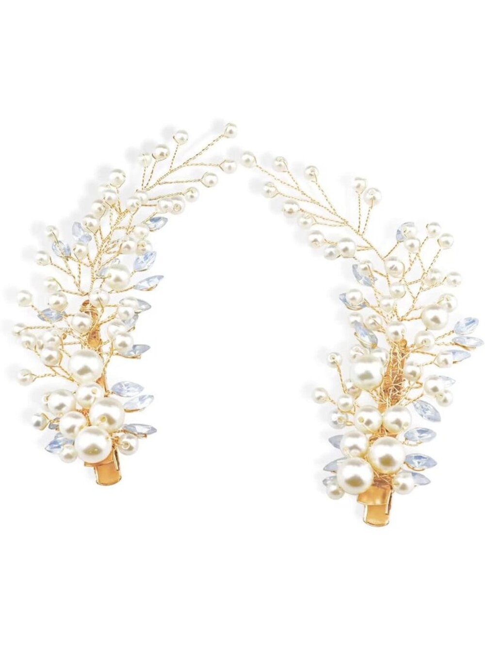 Elegant Pearl & Rhinestone Alligator Hair Clips for Weddings, Set of 2, Gold